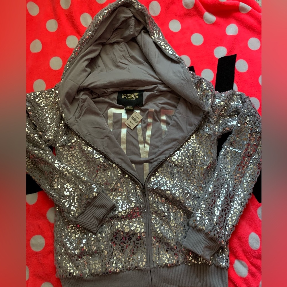 VS PINK Victoria's Secret Shiny Silver Leopard Print Gray Hoodie with tags